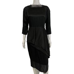 J. MENDEL Black Satin Lace Draped Knee Length Square Neck Sheath Dress 8
